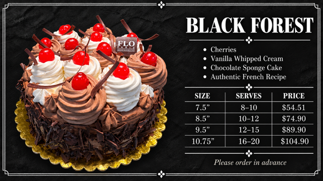 Black Forest whole cake menu with available sizes, servings, and prices