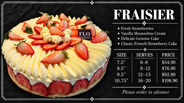 Fraisier whole cake menu with available sizes, servings, and prices