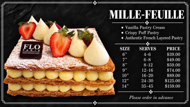 Mille-feuille whole cake menu with available sizes, servings, and prices