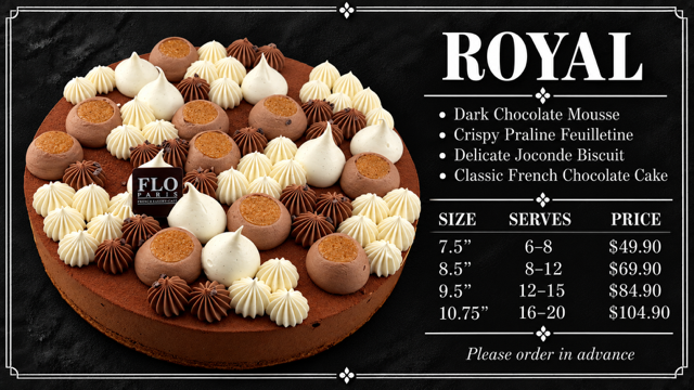 Royal whole cake menu with available sizes, servings, and prices